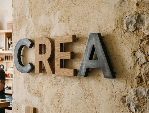 Letras CREA en metal y madera